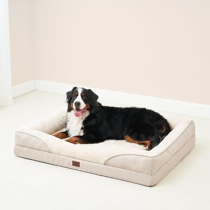EHEYCIGA Memory Foam XXL Dog Bed for XLarge Sized, Extra Large Orthopedic Dog Sofa with Sides and Waterproof Liner, Washable Bolster Pet Couch with Removable Cover, 52x41x8 Inch, Beige-PurrikoPets