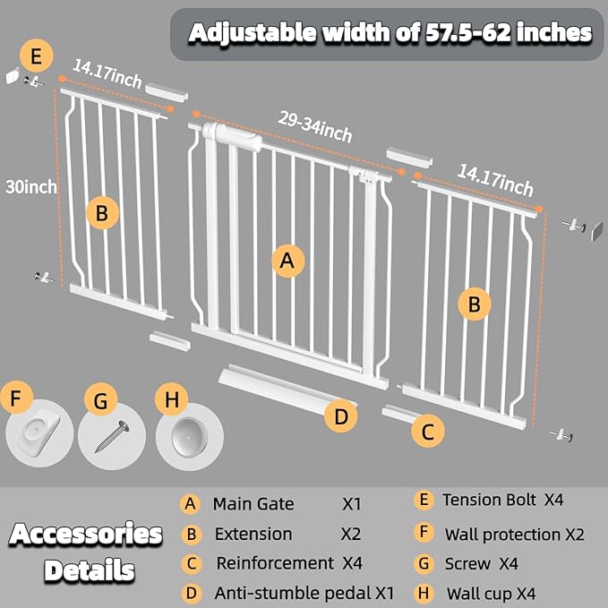 57.5"-62" Extra Wide Auto Closing Baby Safety Gate for Stairs & Doorways, Pressure Mounted No Drill Pet Gate with Walk-Through Door - Heavy Duty Childproof Gate for Toddlers, Kids, Dogs (White)-PurrikoPets