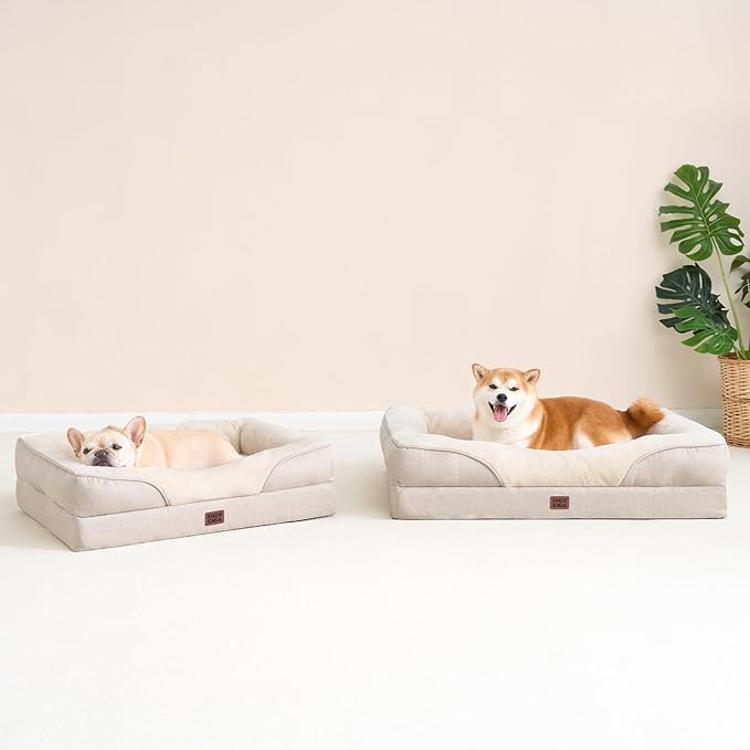 EHEYCIGA Memory Foam Dog Bed for Medium Size, Orthopedic Dog Sofa with Sides and Waterproof Liner, Washable Bolster Pet Couch with Removable Cover, 35x22x6.5 Inch, Beige-PurrikoPets