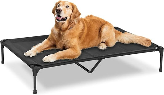 Elevated Dog Bed for Outdoor, XL Raised Dog Cot with Washable Mesh, Cooling Pet Cot Chew Proof for Outside Camping, 49"x33" Black-PurrikoPets