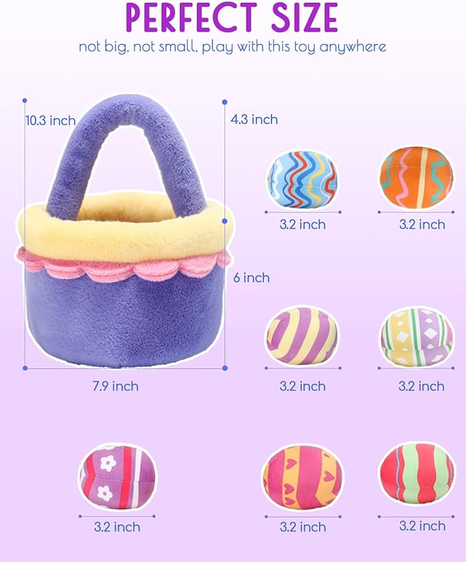 8 Piece Plush Stuffed Playset Toys with 7 Eggs, 1 Furry Bag, Soft Basket Set Sensory Toys for Girls Kids Ages 3+, Birthday Christmas Valentines Easter Party Favors Gifts-PurrikoPets