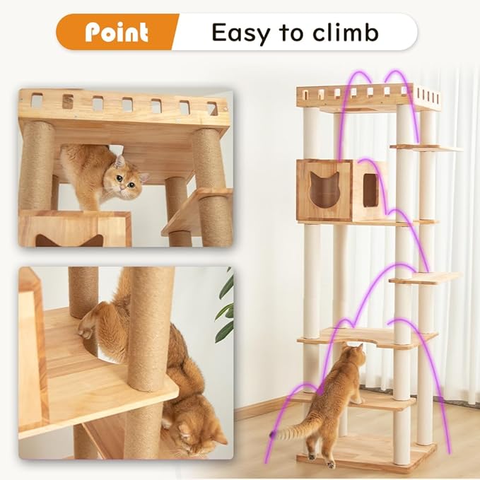74" Wooden Cat Tree Tower for Large Cats, Multi-Level Cat Climbing Furniture with Scratching Posts, Cat Condo & Hammock, Natural Wood Cat Activity Center (White)-PurrikoPets