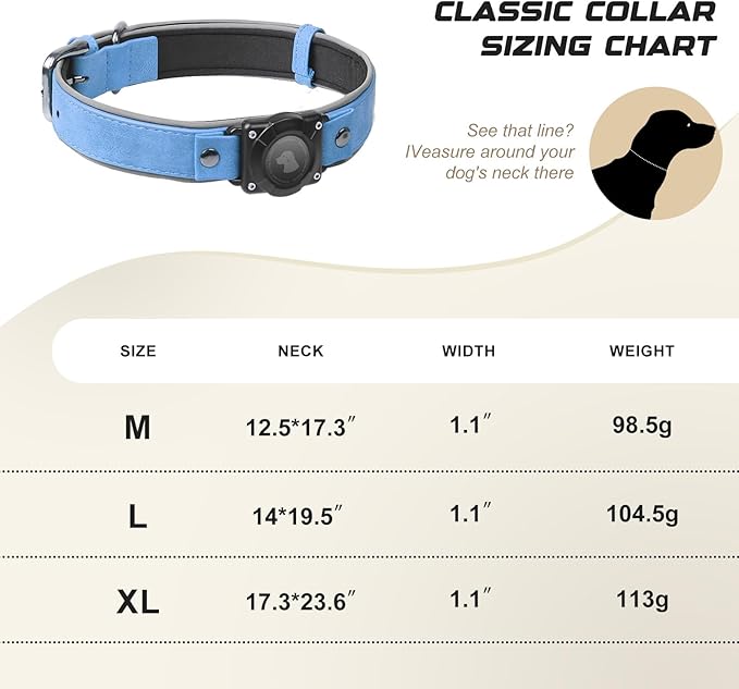 AirTag Dog Collar - Leather Dog Collar with Air Tag Holder | IPX8 Waterproof, Reflective, High - End, Adjustable Soft Padded | Dog GPS Tracker Collars Fit for Medium Large Dogs (Blue, M)-PurrikoPets