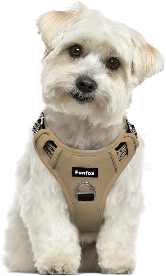 Funfox Dog Harness No Pull, Adjustable Pet Vest Harness, Super Soft Material with Vertical Handle Easy Control, Reflective Night Walking, 2 Leash Clips for Small Sized Dogs, Brown, S-PurrikoPets