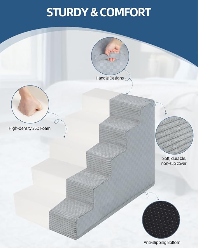 Dog Stairs for Small Dogs,22" H,5-Step Dog Steps for Bed and Couch with High Density Foam,Non-Slip Pet Steps for Doggy and Cat,Pet Stairs with a Washable Cover,Grey-PurrikoPets