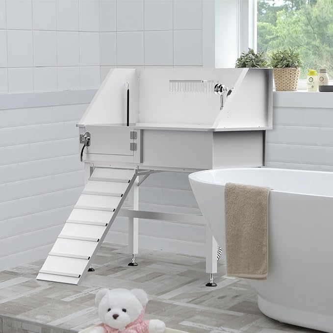 Dog Washing Station for Home, 38" White Professional Stainless Steel Dog Grooming Tub, Height Adjustable Dog Bathing Station, Upgrade Parts, Dog Bath Tubs for Small & Medium Dogs(Left Ramp)-PurrikoPets