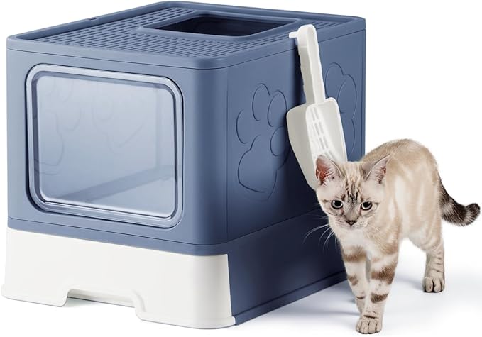 Enclosed Cat Litter Box, Large Litter Box for Big Cats, Covered Kitty Litter Boxes with Lid, Top Entry Cat Box Enclosure with Scoop, Odor Control, Easy to Clean(Blue)-PurrikoPets