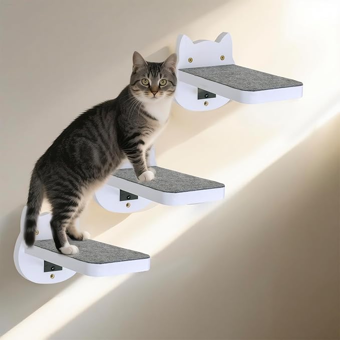 ESPETS White Painted Wooden Cat Wall Floating Steps Set of 3 - Wall Mounted Cat Floating Furniture Shelves and Perches, Sturdy Climber Stairs Ladders - Holds up 30lbs-PurrikoPets