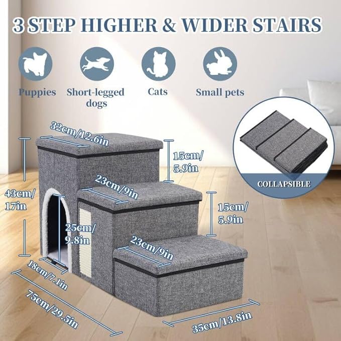 Dog Stairs for High Bed and Couch, 4 IN 1 Foldable Pet Stairs for Cats & Small and Medium Dogs, Adjustable Dog Steps with Pet Climbing Ladders/Cozy Condo/Storage Boxes/Cat Scratcher, Hold Up to 180LBS-PurrikoPets