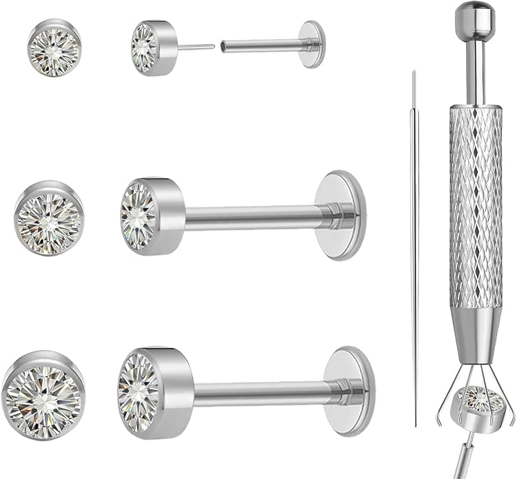 Delicate Moissanite & Titanium Threadless Flat Back Studs - 6-Piece 20G Labret Set for Nose, Helix, Cartilage, Conch, and Lip Piercings for Women & Men