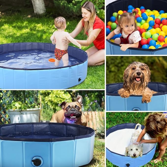 Foldable Dog Bath Swimming Pool Plastic Kiddie Pool Professional Tub Collapsible Grooming Bathtub for Pets Kids Baby and Toddler, 71 x 12 Inches Blue-PurrikoPets