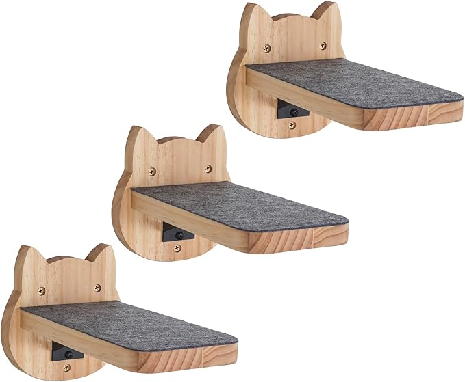 ESPETS Natural Solid Wood Cat Wall Floating Steps Set of 3 - Wall Mounted Wooden Cat Climbing Shelves and Perches, Kittty Stairs Ladder - Easy Install, Holds up 30lbs-PurrikoPets