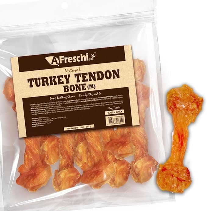 Afreschi Natural Turkey Tendon Bone (M) 10 oz, USA-Sourced Turkey Tendon, All Natural Puppy Chew, Hypoallergenic, Rawhide Alternative, for Medium Breeds-PurrikoPets