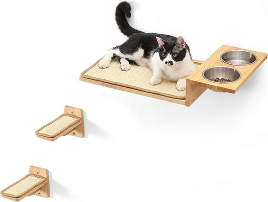 FUKUMARU Cat Wall Shelves, 3 In 1 Cats Walls Furniture Set, Food Station with 2 Steps , Solid Rubber Wood Perch, Suitable for Kitten Play, Nap, Eat, DIY Wall Jungle Gym-PurrikoPets