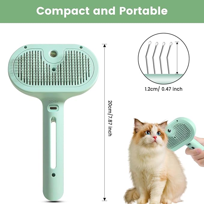 3 in 1 Cat Steam Brush, Pet Spray Hair Removal Comb for Shedding & Grooming, Water Brush for Cats Dogs Small Animals Long Short Haired with One-Click Release Button(Green)-PurrikoPets