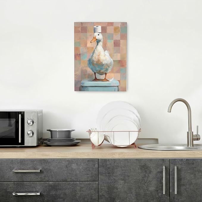 Funny Duck Bathroom Wall Art Cute Duck on Toilet Canvas Wall Decor Funny Quirky Farm Animal Pictures Painting Print Framed Artwork Decorations Gifts for Bathroom 12"x16"-PurrikoPets