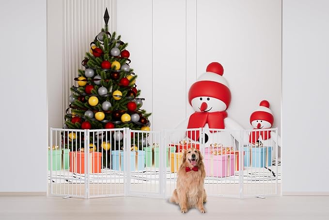 Full Metal Freestanding Dog Gate with Door, 32''Height Foldable Pet Dog Fence for Indoor & Outdoor, 6 Panels Extra Wide Free Standing TallDog Gates for Doorways,House,Stairs,Porch,Deck,Yard-PurrikoPets