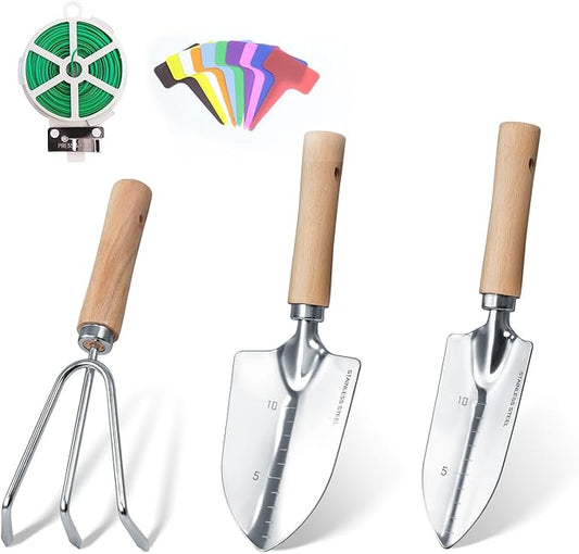 Garden Tool Set, 3 Pieces Gardening Kit with Garden Plant Twist Tie and Plastic Plant Tag, Stainless Steel Heavy Duty Garden Tools with Wooden Handle, Gardening Gifts for Women-PurrikoPets