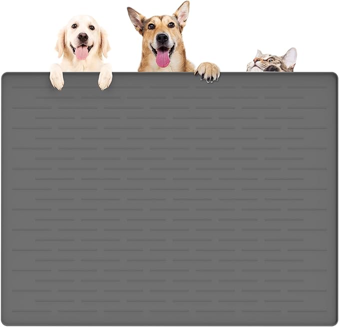 39.4"x29.5" Large Pet Food Mat, Silicone Dog Mats for Food and Water, Nonslip Pet Feeding Mats for Floors,Dog Cat Bowl Mat with Raised Edges, Dark Gray-PurrikoPets