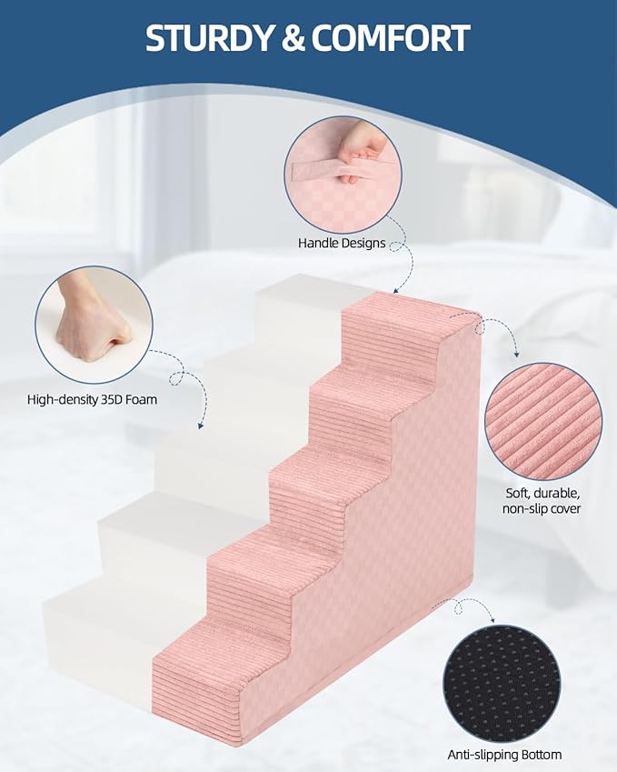 Dog Stairs for Small Dogs,13" H,3-Step Dog Steps Ramp for Bed and Couch with High Density Foam,Non-Slip Pet Steps for Doggy and Cat,Pet Stairs with a Washable Cover,Pink-PurrikoPets