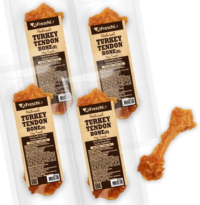 Afreschi Natural Turkey Tendon Bone (S) Pack of 4, Dog Treats for Signature Series, All Natural Human Grade Puppy Chew, USA-Sourced Turkey Tendon, Hypoallergenic, Rawhide Alternative-PurrikoPets