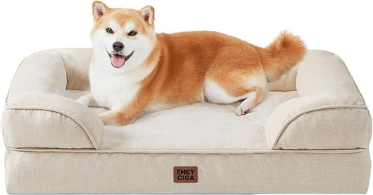 EHEYCIGA Orthopedic Dog Bed for Large Dogs, Waterproof Memory Foam, Non-Slip Bottom, Beige, 35"L x 22"W x 6.5"Th-PurrikoPets