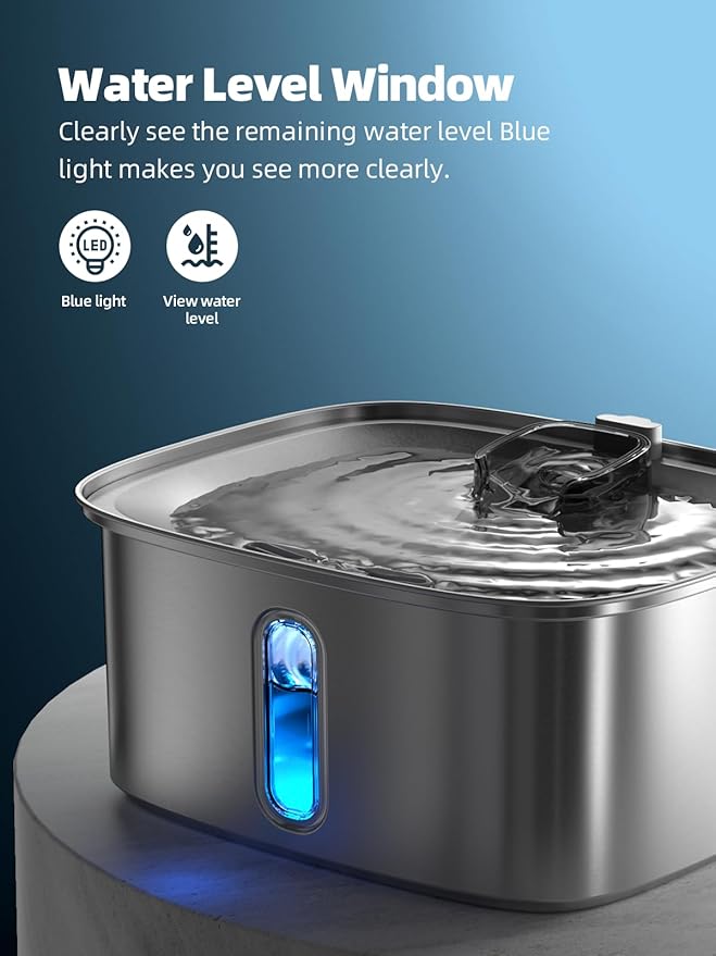 Dog Water Fountain for Large Dogs, 9L/2.4Gal Stainless Steel Dog Fountain with Water Level Window & Filtration, Automatic Pet Water Bowl Dispenser Indoor, Super Quiet (with 6 Filters)-PurrikoPets