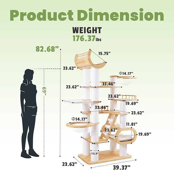 82.7'' Large Cat Tree, Modern Cat Tower with Scratching Post, Luxury Cat House, Wood Cat Tree for Indoor Cats Large Adult, Multi-Level Activity Center with Hammock, Clear Bowl, Semi-Closed Condo-PurrikoPets