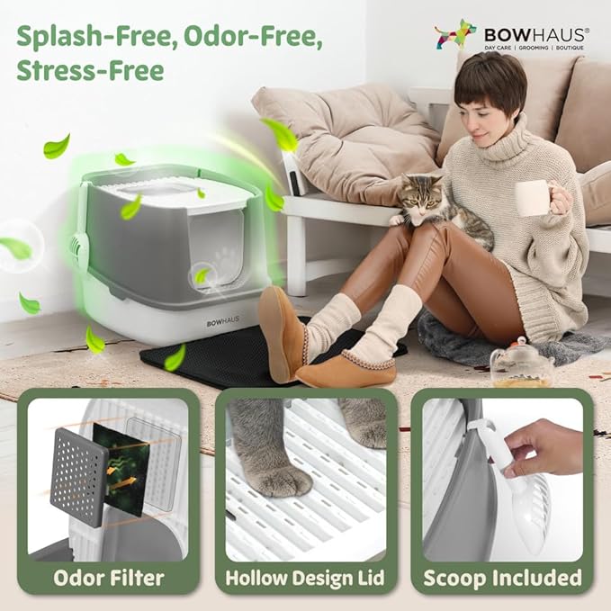 Fully Enclosed Cat Litter Box w/Lid, Scoop, Cat Mat & Odor Fitter, Large Plastic Cat Toilet with Double Door, Anti-Splashing Cat Litter Box with Lockable Front Door, Dark Grey-PurrikoPets