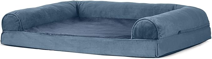 Furhaven Cooling Gel Dog Bed for Large/Medium Dogs w/ Removable Bolsters & Washable Cover, For Dogs Up to 55 lbs - Faux Fur & Velvet Sofa - Harbor Blue, Large-PurrikoPets