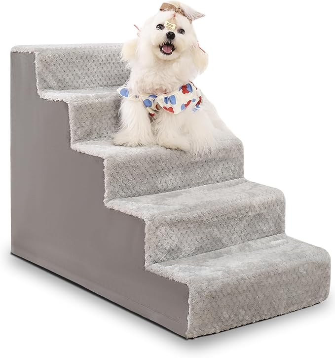 Dog Stairs for Small Dogs,22" H,5-Step Dog Steps for High Bed Couch and Sofa,Pet Stairs for Dogs and Cats Climbing with Non-Slip Bottom and Washable Cover,Grey-PurrikoPets