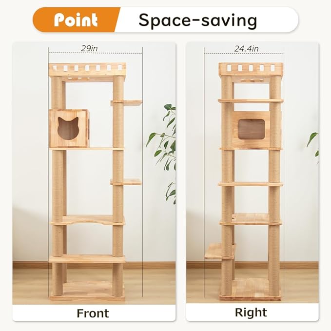74" Wooden Cat Tree Tower for Large Cats, Multi-Level Cat Climbing Furniture with Scratching Posts, Cat Condo & Hammock, Natural Wood Cat Activity Center(Brown)-PurrikoPets