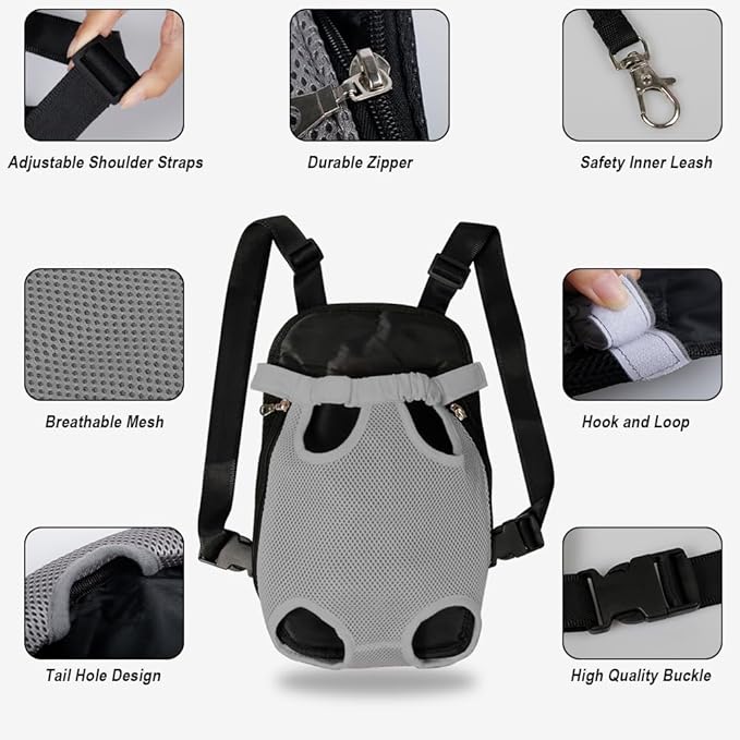 FEimaX Dog Carrier Backpack Pet Legs Out Front Cat Travel Bag, Adjustable Puppy Backpacks Carriers Hands-Free for Small Medium Dogs Cats Hiking Traveling Camping Daily Walking (Medium, Grey)-PurrikoPets