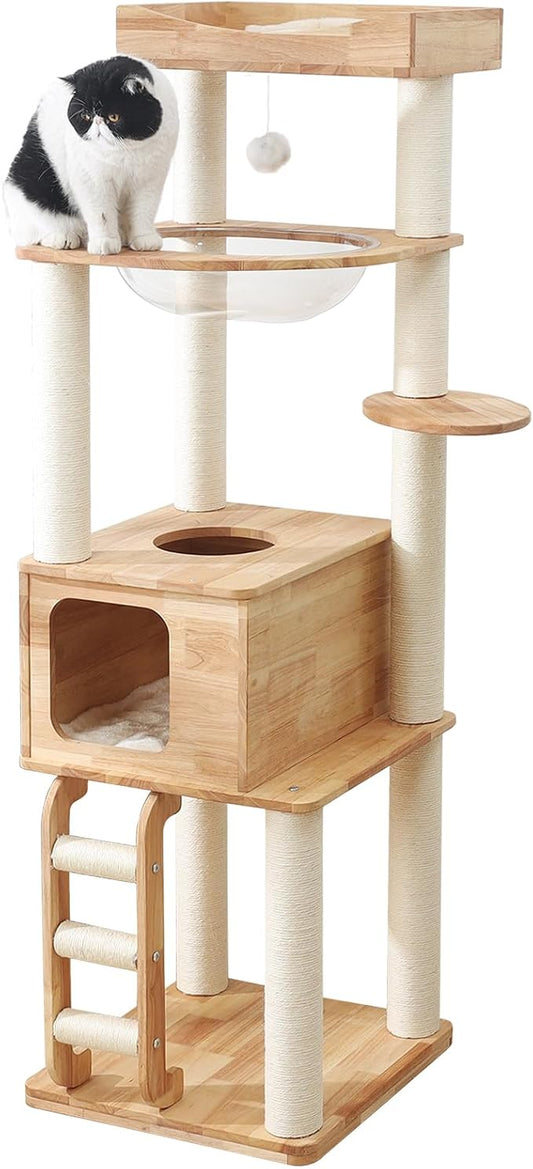 65-inch Tall Cat Tree，Cat Tower for Indoor Cats with Feel-Safe Enclosed Cat Cave、Scratching Post、Space Capsule Nest and Cat Ladder-PurrikoPets