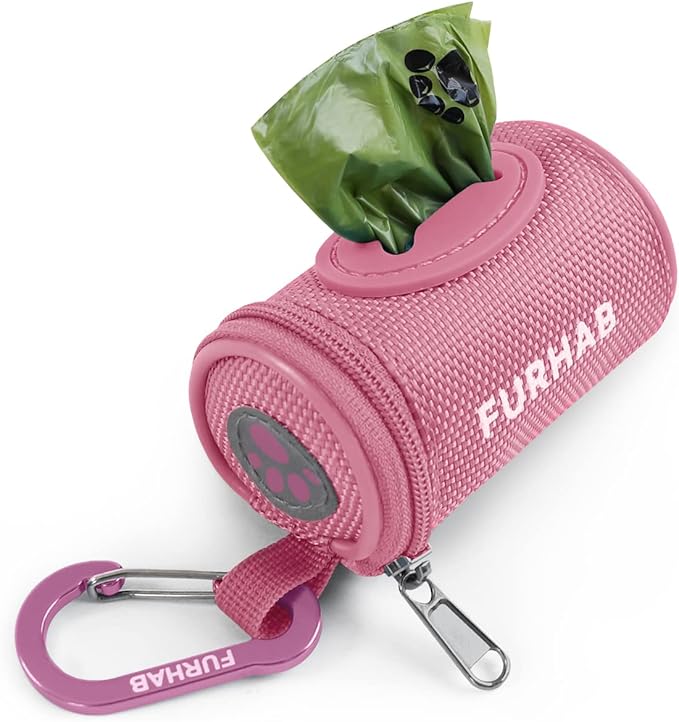 Dog Poop Bag Holder for Leash Doggie Waste Bag Dispenser Soft Fabric Puppy Potty Carrier Small Doggy Zipper Pouch with Carabiner Clip 1680D Nylon Oxford with 1 Roll of Pet Trash Bags, Pink-PurrikoPets