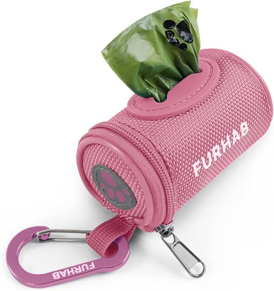Dog Poop Bag Holder for Leash Doggie Waste Bag Dispenser Soft Fabric Puppy Potty Carrier Small Doggy Zipper Pouch with Carabiner Clip 1680D Nylon Oxford with 1 Roll of Pet Trash Bags, Pink-PurrikoPets