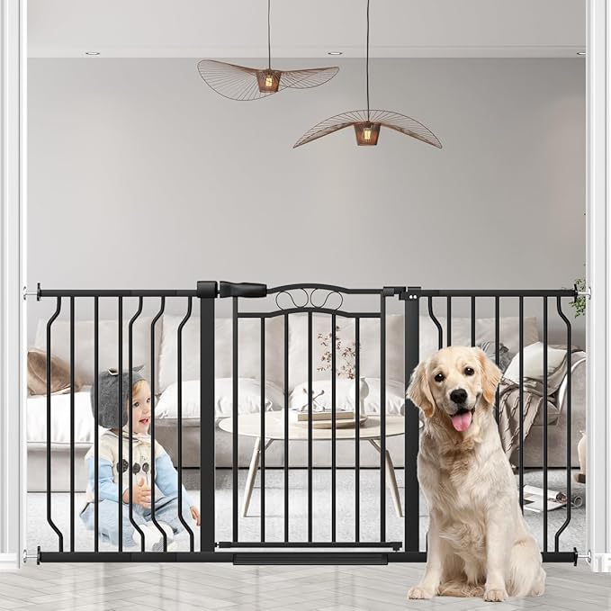53.1-62.2" Extra Wide Baby Gate for Stairs No Drilling, 30" Tall Auto Close Press Mounted Baby Gate for Doorways, Adjustable Width Walk Through Dog Gates for Doorways, Black-PurrikoPets