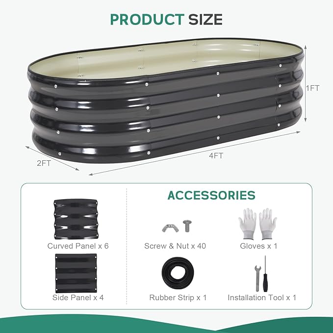 Galvanized Raised Garden Bed Outdoor - 4×2×1ft Planter Raised Beds for Gardening | Oval Metal Garden Planter Box with Safety Edging and Gloves for Vegetables Fruits and Flowers - Grey-PurrikoPets