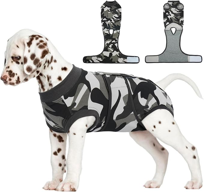 FUAMEY Dog Recovery Suit Male,Dogs Surgery Neuter Suits Puppy Spay Shirts for Female Protect Dog's Skin Anti Licking Abdominal Wounds Doggie Onesie Pet Bodysuit Alternative to Cone Grey Camouflage S-PurrikoPets