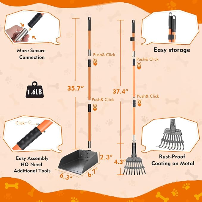 28" Pooper Scooper and 38" Heavy Duty Stainless Steel Rake & Tray Set, 3 in 1 Portable Dog Pooper Scooper Set for Large Medium Small Dogs in Grass, Dirt or Gravel-PurrikoPets