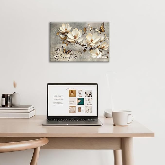 Floral Magnolia Bathroom Pictures Wall Art, Just Breathe Bathroom Wall Decor, Flower Butterfly Framed Painting Canvas Artwork for Bedroom Living Room Decorations 24"L x 16"W-PurrikoPets