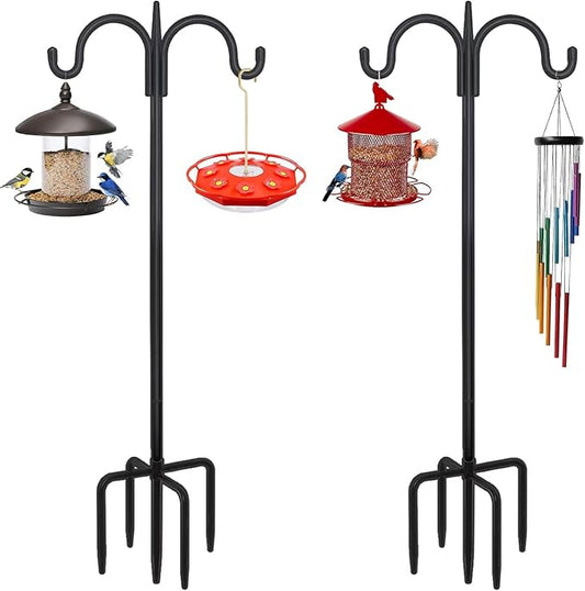 FEED GARDEN Adjustable Double Shepherds Hook for Outdoor with 5 Prong Base 63 Inch Heavy Duty Two Sided Bird Feeder Pole for Hanging Plant Baskets, Solar Light Lanterns, Wind Chimes 2 Pack-PurrikoPets