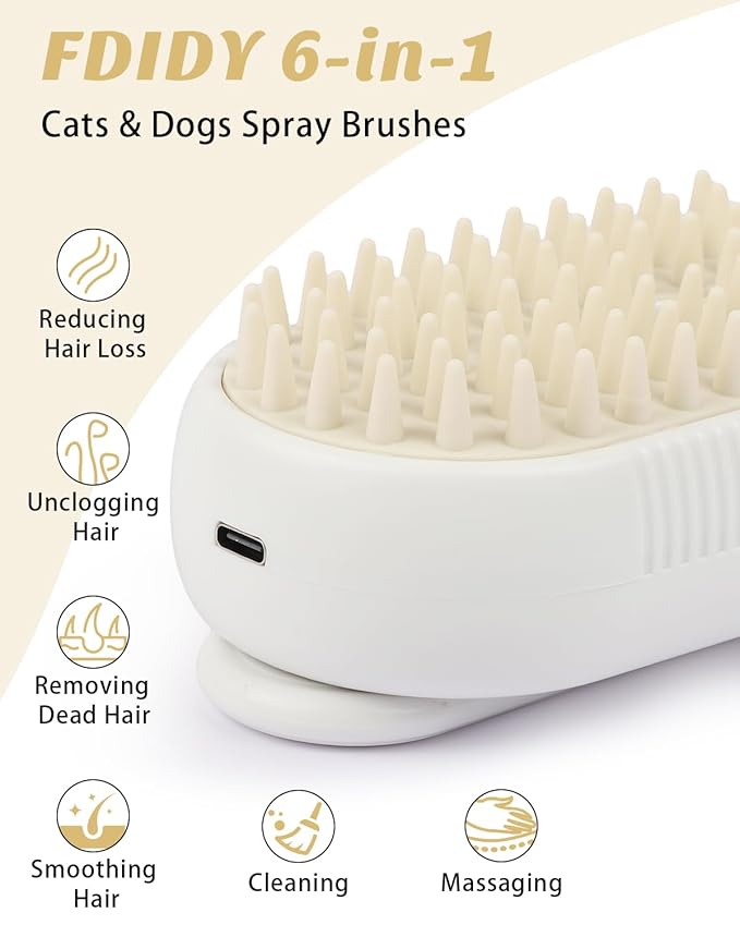 6 in 1 Cat Steam Brush for Shedding, Portable Anti-Static Grooming Comb for Cats & Dogs, Steam Misting Water Brush, Self-Cleaning Pet Hair Remover, Indoor Cat Spray Brushes for Cats & Dogs-PurrikoPets