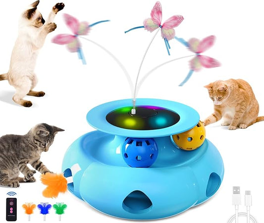 3in1 Interactive Cat Toys for Indoor Cats Rechargeable,Whack a Mole Cat Toy, Fluttering Butterfly, Track Balls, Automatic Kitten Toys Touch Activated, 2 Refill Feather-PurrikoPets