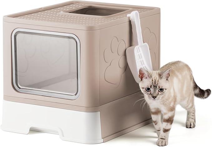 Enclosed Cat Litter Box, Large Litter Box for Big Cats, Covered Kitty Litter Boxes with Lid, Top Entry Cat Box Enclosure with Scoop, Odor Control, Easy to Clean(Coffee)-PurrikoPets