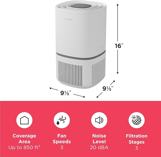 Frigidaire PureA300 HEPA Air Purifier for Small Bedrooms, Covers up to 850 Sq. Ft., 3-Stage Filtration, Energy Star Certification, Air Quality Monitoring, Smart Mode, Ultra Quiet, White-PurrikoPets