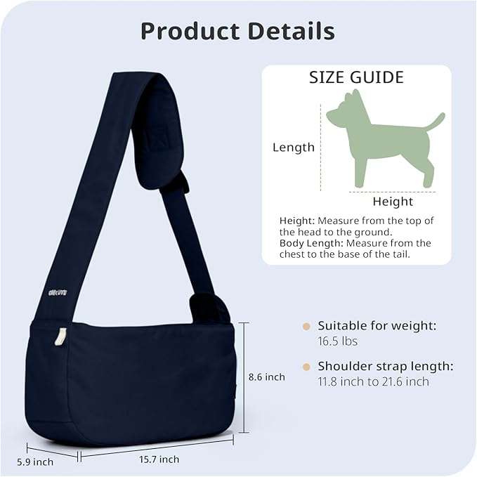 Dog Sling Carrier for Small Dogs and Cats, Lightweight Collapsible Pet Travel Bag with Adjustable Strap, Side Pockets & Breathable Mesh (Navy Blue, 15.7" L x 5.9" W x 8.6" H)-PurrikoPets