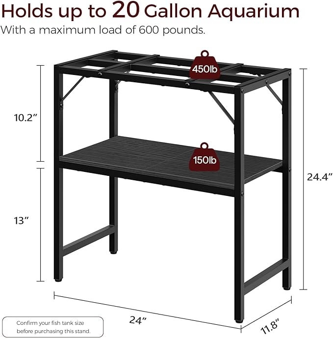 20 Gallon Fish Tank Stand, Aquarium Stand with 2-Tier Storage Shelves, Heavy Duty Breeder Turtle Terrarium Stand Rack for Home Office, 24.0" L x 11.8" W x 24.4" H, Black FTBK2001-PurrikoPets