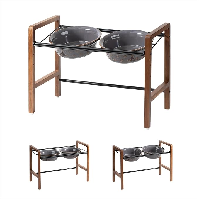 7.1inch Ceramic Adjustable Raised Double Bowls Set with Stand, 3 Heights Elevated, 2 Placement Options,Food and Water Bowls for Medium and Large Dog(Reactived Glaze -Grey)-PurrikoPets