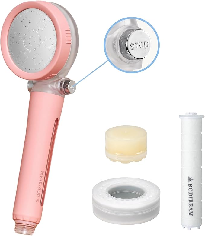 Filtered Handheld Shower Head with Vitamin C & Sediment Filter, High Pressure Water Flow, Water Saving, Reduces Chlorine for Dry Skin & Hair, On/Off Switch, Made in Korea, Spa-Like Shower- Peony Pink-PurrikoPets